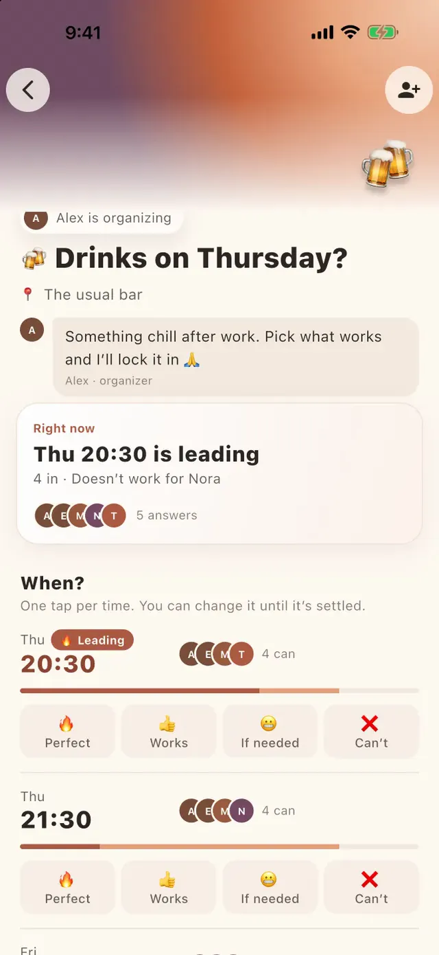 Screenshot of Sababa: Choosing a time together